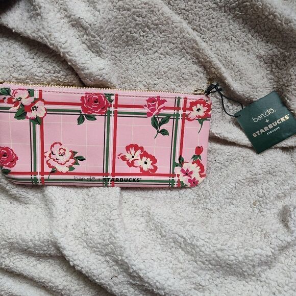 Starbucks + Bando Limited Edition Pencil Pouch, Pink/Green with Floral Print NWT - Picture 3 of 6